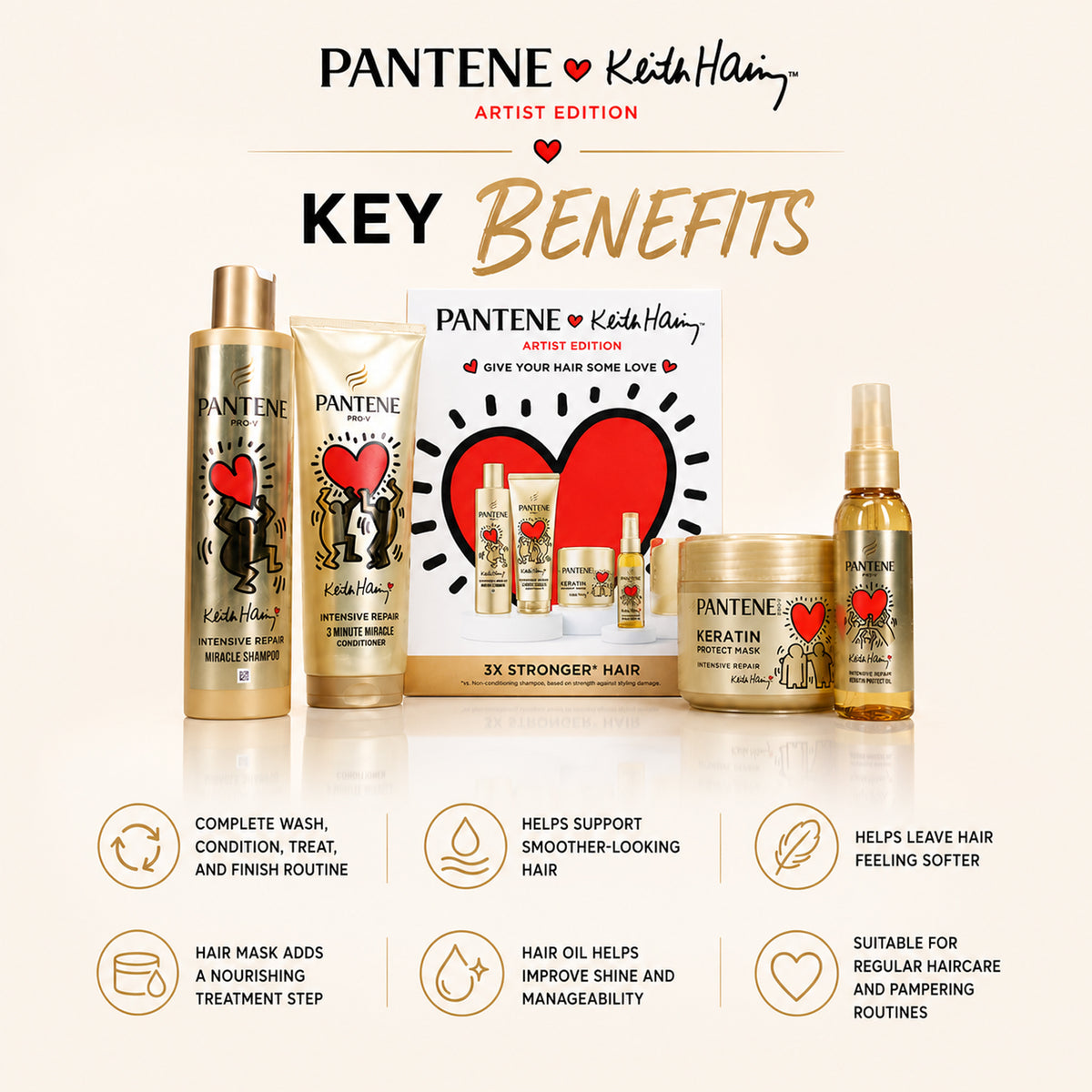 4 Piece Pantene Keith Haring Artist Edition Haircare Set - Includes Shampoo, Conditioner, Hair Mask &amp; Hair Oil for Complete Nourishing Haircare Routine 8696197 3
