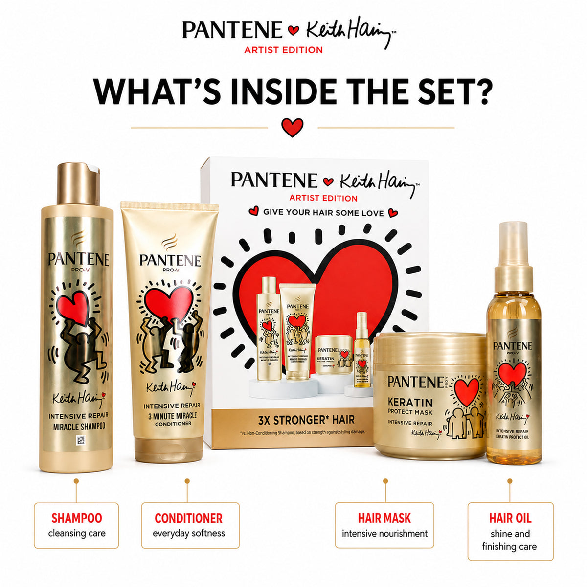 4 Piece Pantene Keith Haring Artist Edition Haircare Set - Includes Shampoo, Conditioner, Hair Mask &amp; Hair Oil for Complete Nourishing Haircare Routine 8696197 4