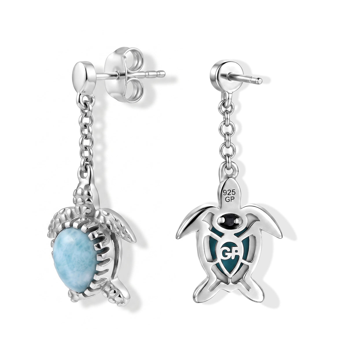 Live From Vicenza GP Capri Sealife Collection - Larimar &amp; Blue Sapphire Living Creature Turtle Earring with Push Post in Rhodium Overlay Sterling Silver 2.84 Ct. 8696211 4