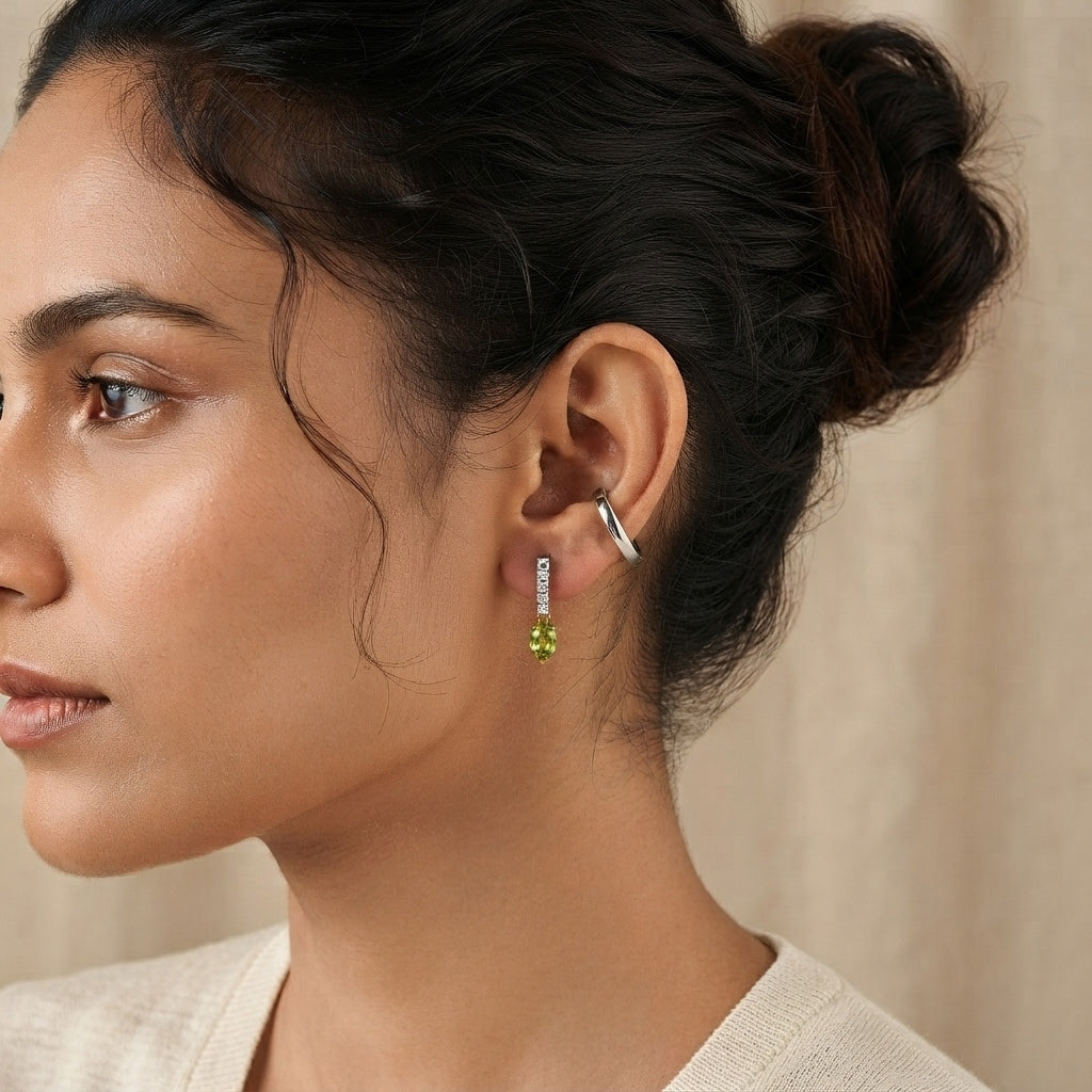 D'Joy - Natural Hebei Peridot &amp; Moissanite Dangling Earring with Push Post in Yellow Gold Plated Sterling Silver 2.15 Ct. V32513445 3