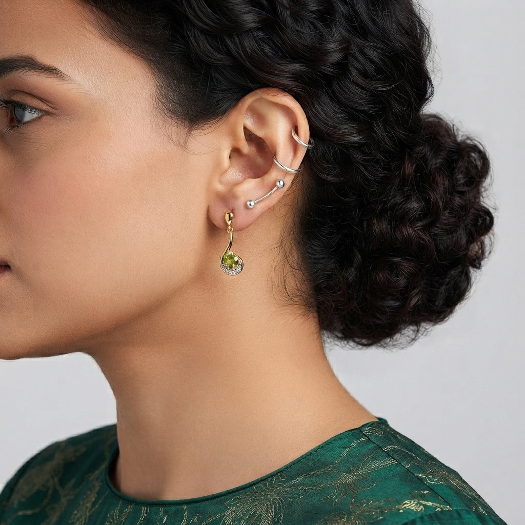 D'Joy - Natural Hebei Peridot &amp; White Zircon Dangling Earring with Push Post in Yellow Gold Plated Sterling Silver 2.05 Ct. V32514947 3