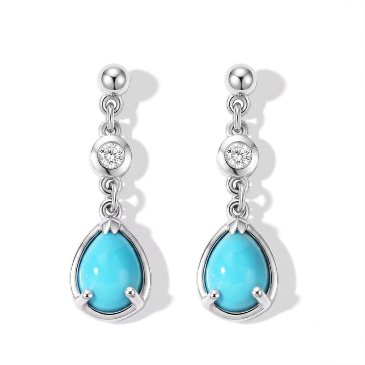 D'Joy - Natural Blue Turquoise &amp; White Zircon Dangling Earring with Push Post in Rhodium Overlay Sterling Silver 2.12 Ct. 8696403 1