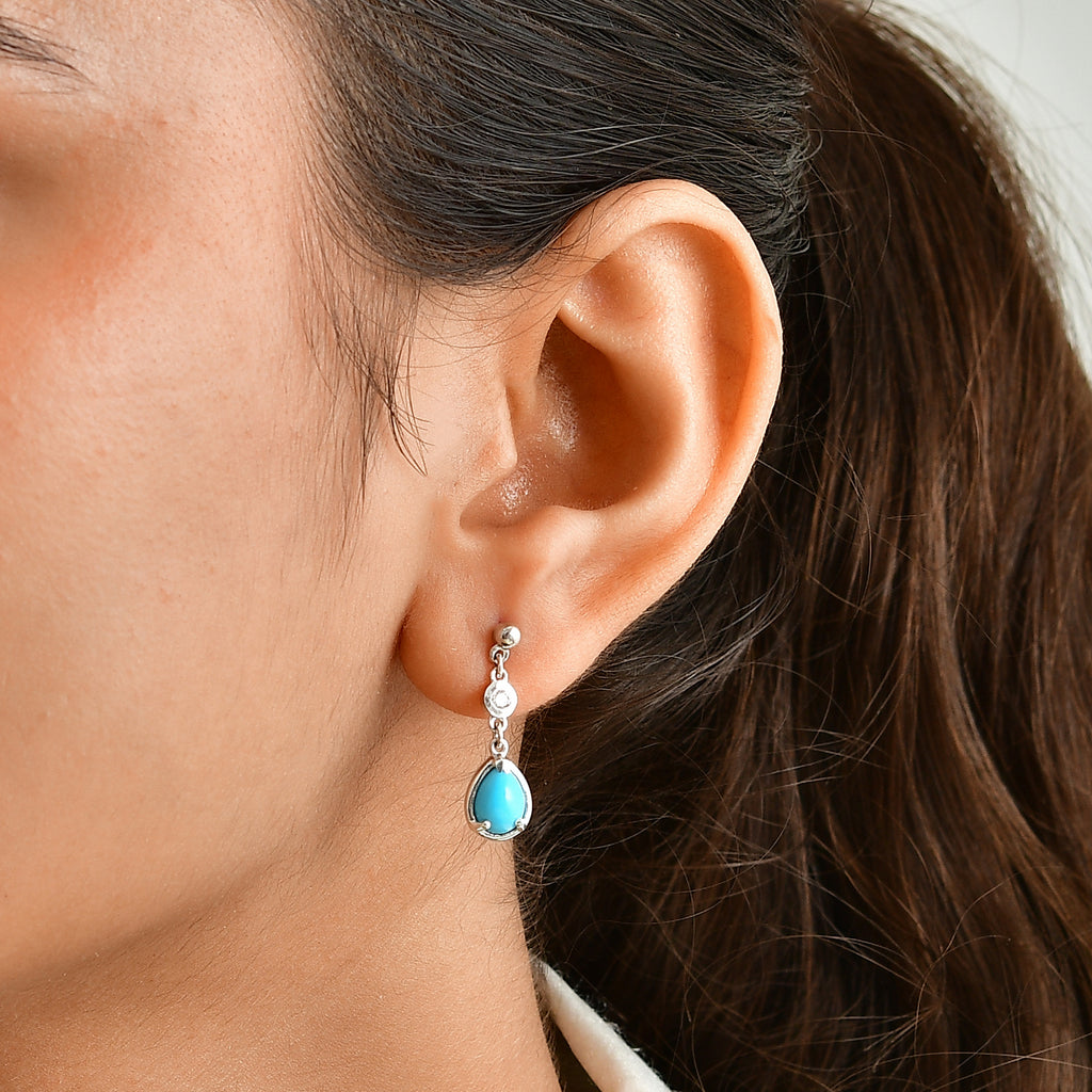 D'Joy Blue Turquoise, White Zircon Dangling Earring in Rhodium OverlaySterling Silver  2.126  Ct._8696403_1