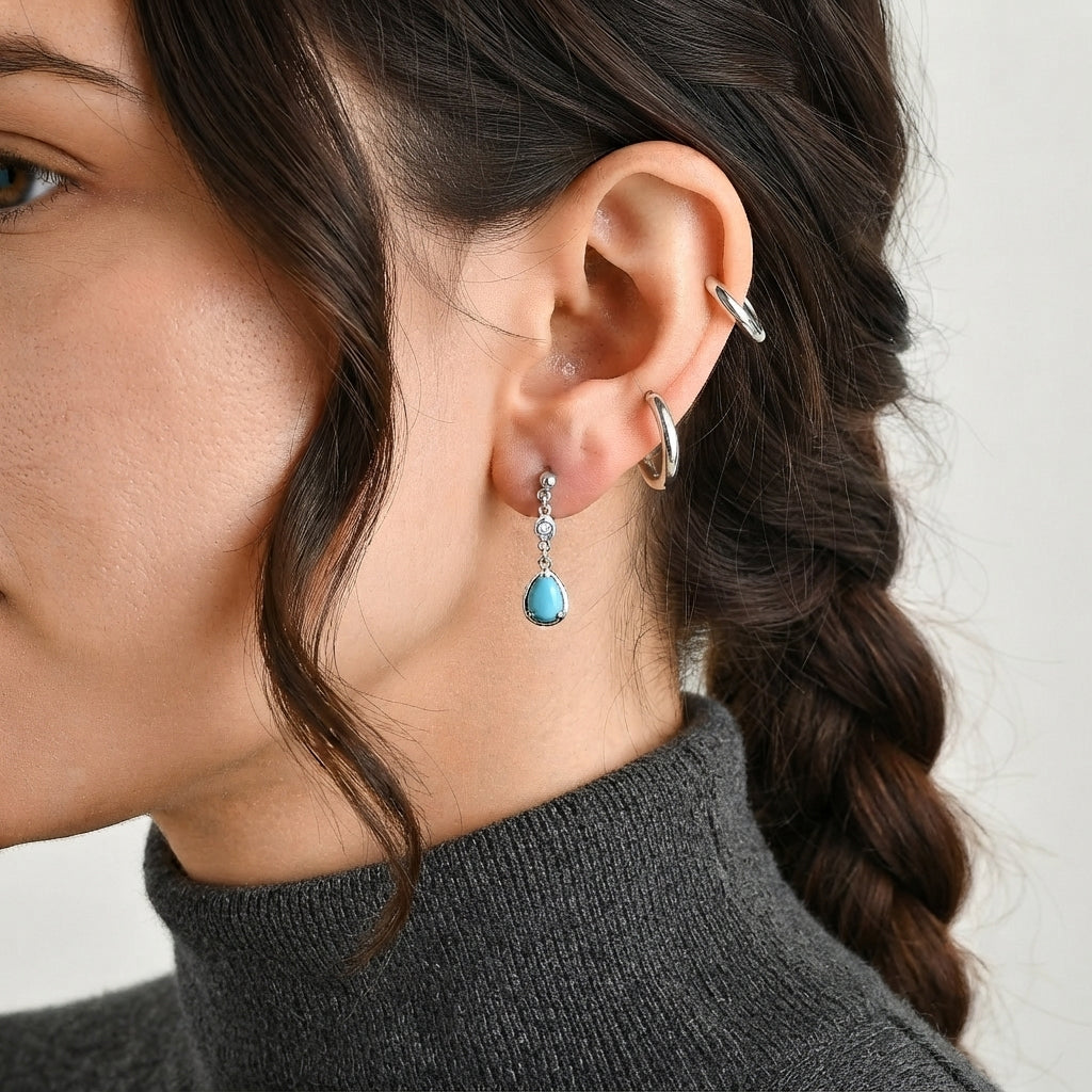 D'Joy Blue Turquoise, White Zircon Dangling Earring in Rhodium OverlaySterling Silver  2.126  Ct. 8696403 2