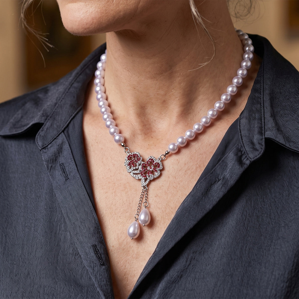 White Shell Pearl &amp; Multi Crystal Blooming Flower Adjustable Necklace (Size - 18+2 Ext) 235.00 Ct. V32668948 3