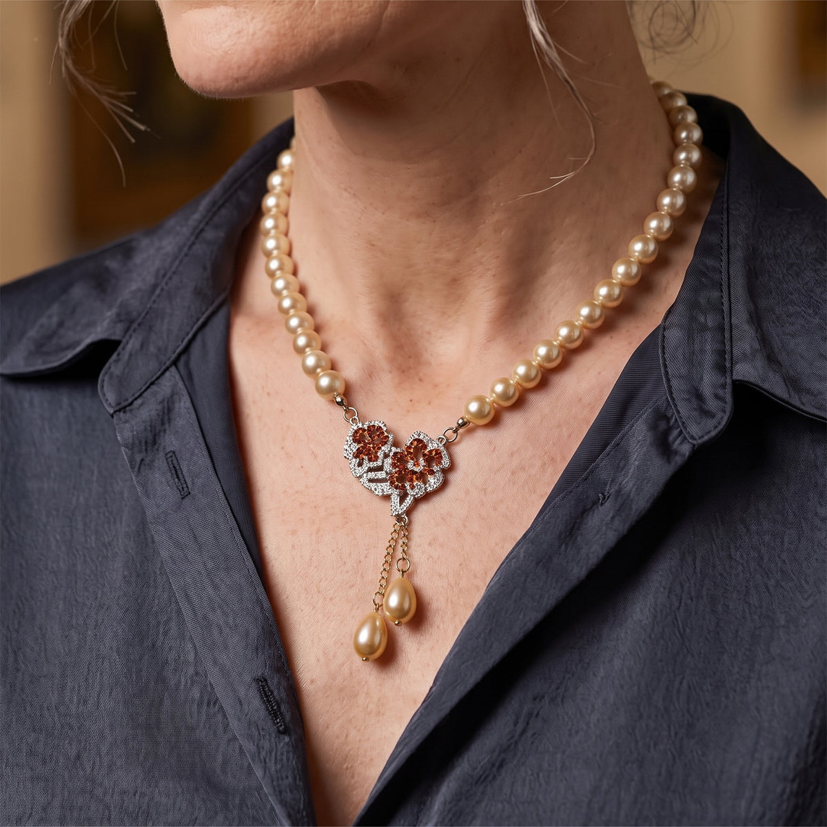 Golden Shell Pearl &amp; Multi Crystal Blooming Flower Adjustable Necklace (Size - 18+2 Ext) 235.00 Ct. V32745858 3