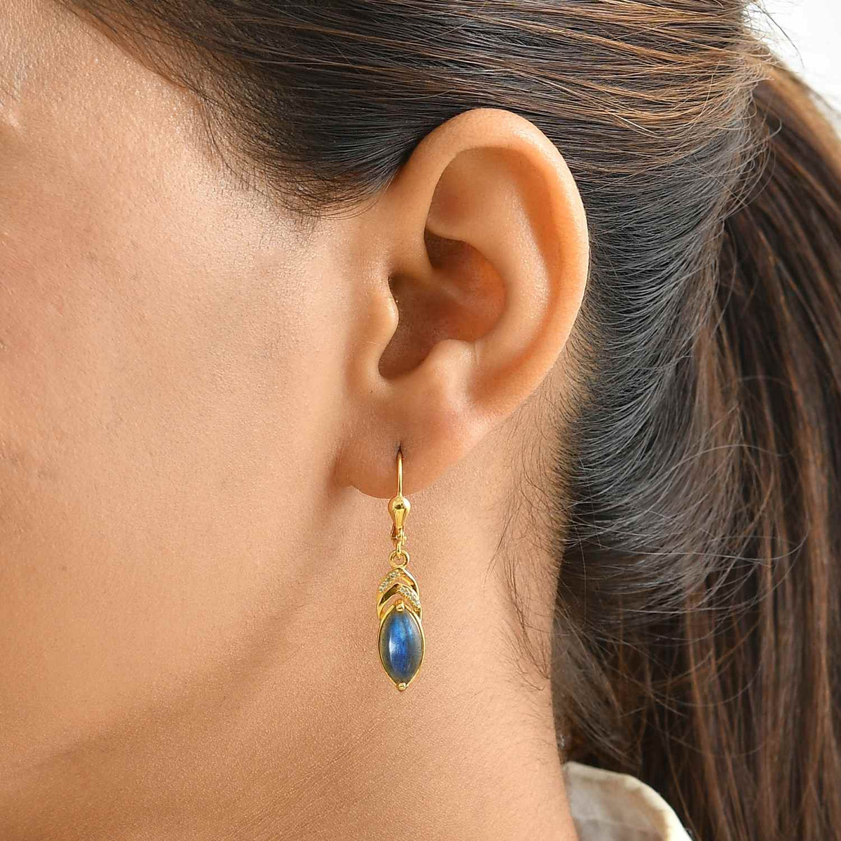 EverTrue - Labradorite &amp; White Zircon Drop Earring with Lever Back in Yellow Gold Tone 4.50 Ct. V32563112 2