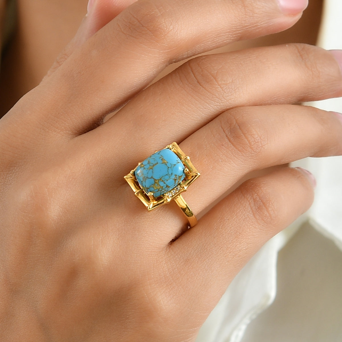 EverTrue - Blue Turquoise &amp; White Zircon Ring in Yellow Gold Tone 5.70 Ct. V32577621 2