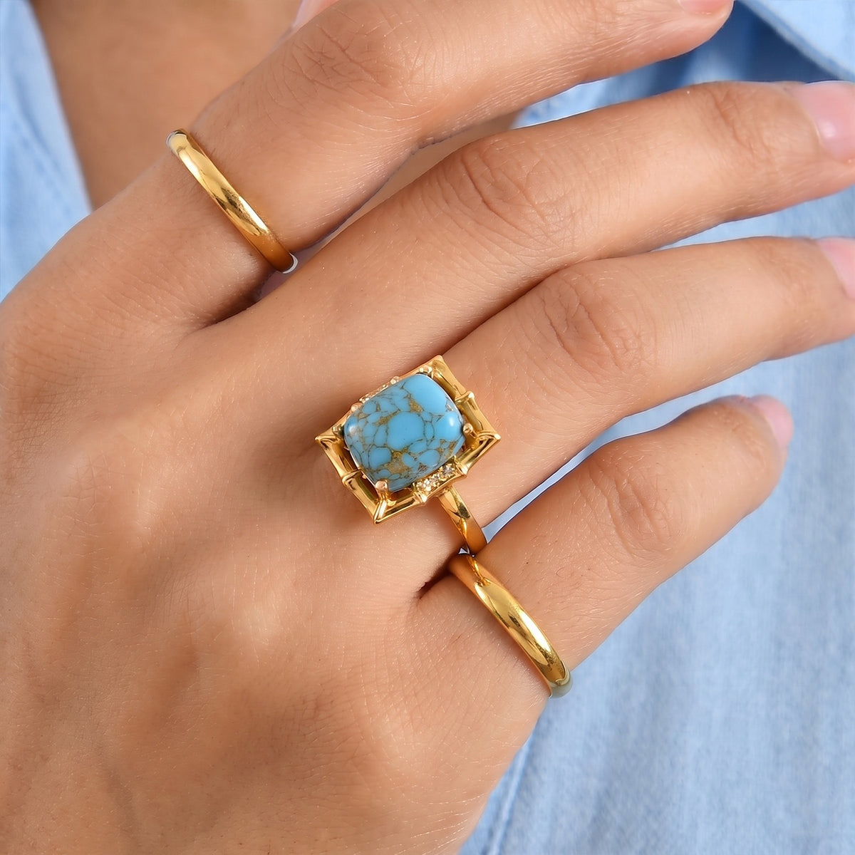 EverTrue - Blue Turquoise &amp; White Zircon Ring in Yellow Gold Tone 5.70 Ct. V32577752 3