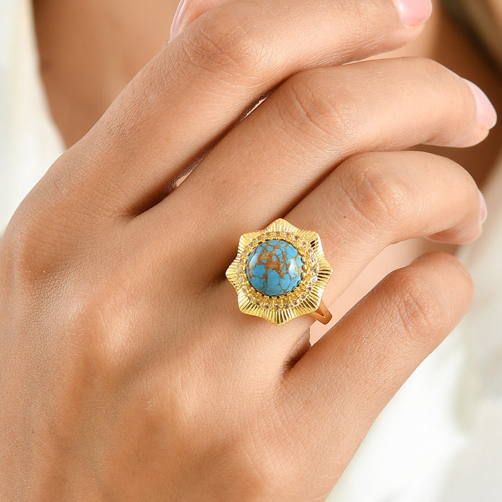 EverTrue - Blue Turquoise &amp; White Topaz Sunburst Ring in Yellow Gold Tone 3.90 Ct. 8697283 2