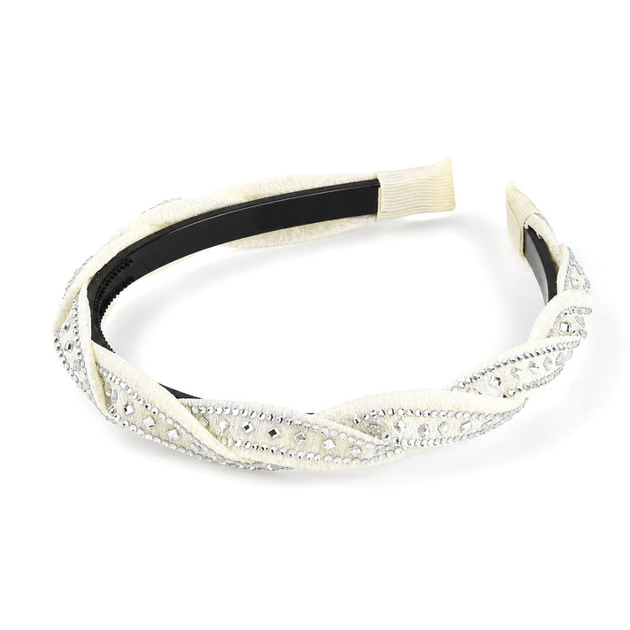 Women's Twisted Braided Hairband with Silver Rhinestones - White 8697352 1