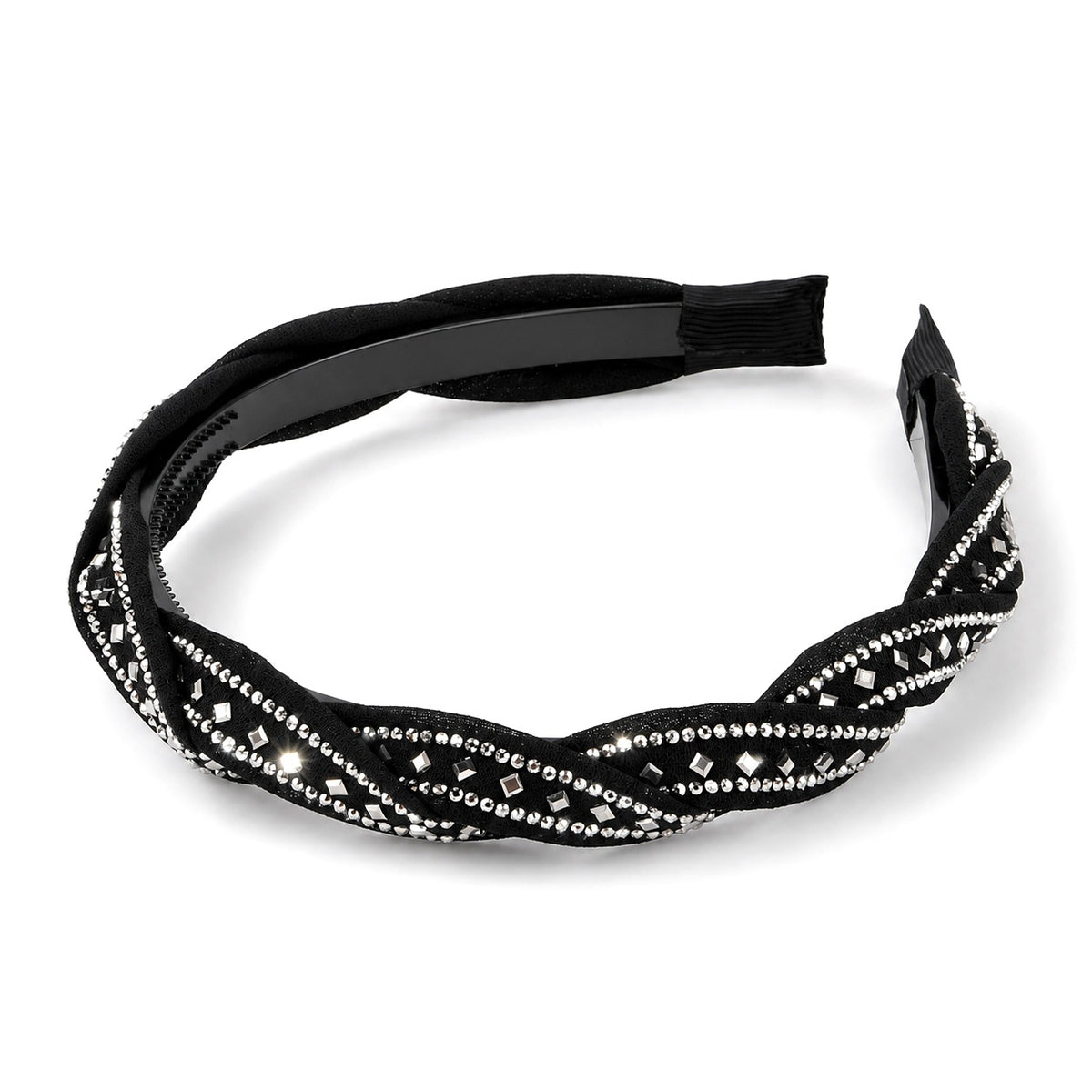 Women's Twisted Braided Hairband with Silver Rhinestones - Black 8697353 0