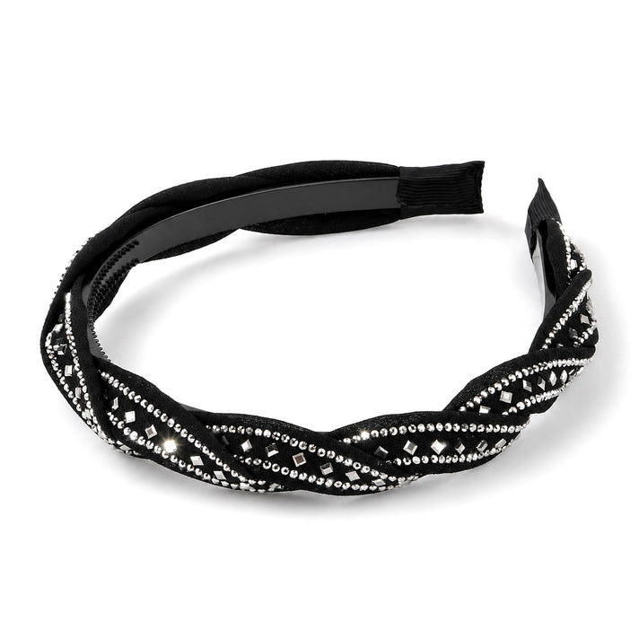 Women's Twisted Braided Hairband with Silver Rhinestones - Black 8697353 1