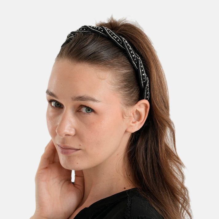 Women's Twisted Braided Hairband with Silver Rhinestones - Black 8697353 2