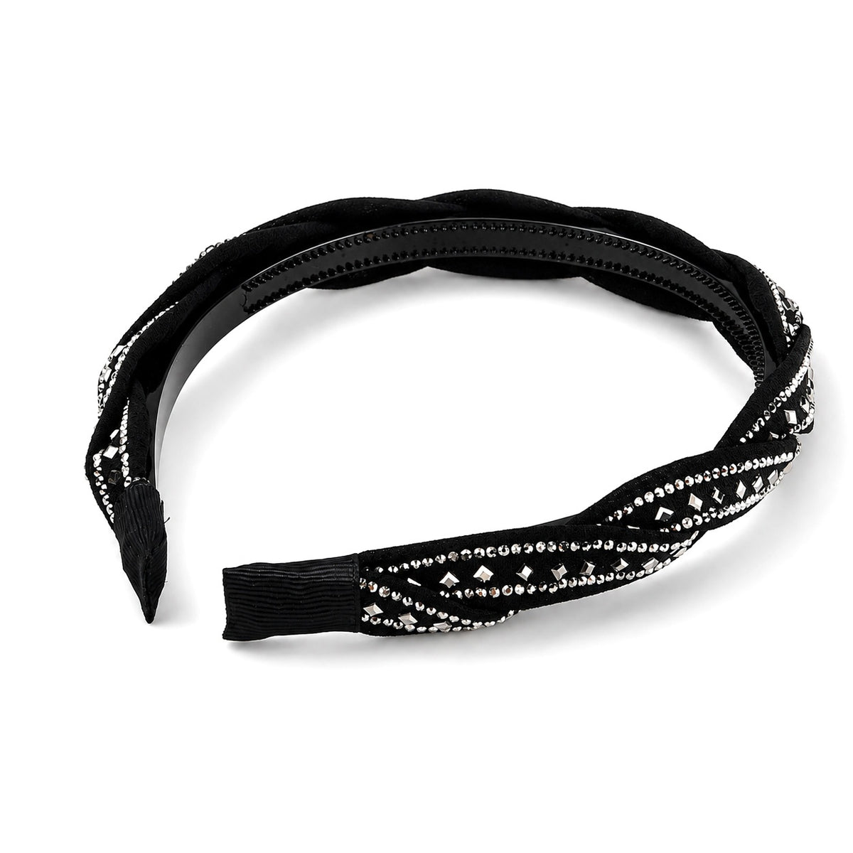 Women's Twisted Braided Hairband with Silver Rhinestones - Black 8697353 4