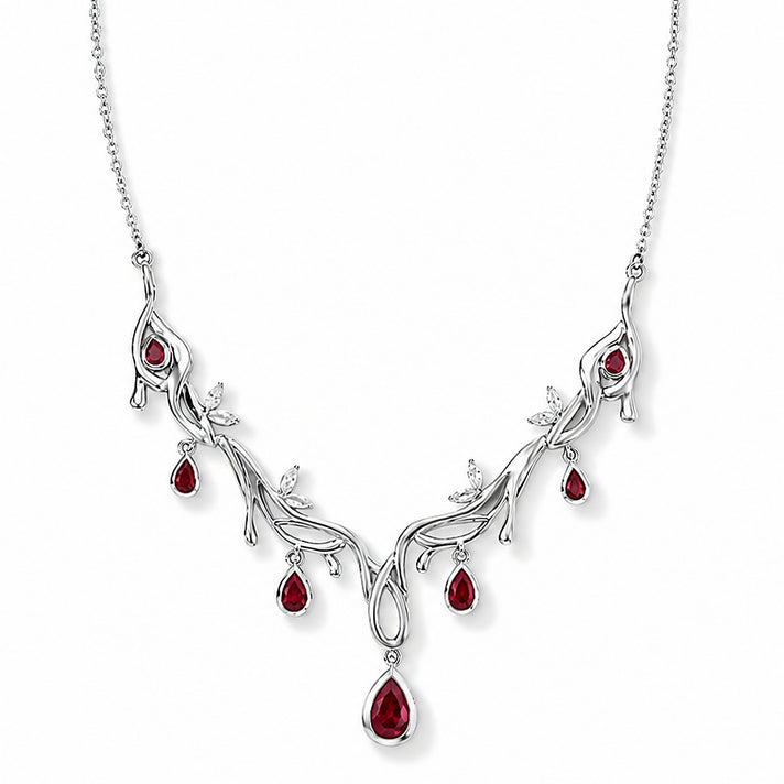 Lucy Q - African Ruby &amp; White Zircon Leaf Vine Necklace (Size - 20) in Rhodium Overlay Sterling Silver 4.60 Ct, Silver Wt. 12.44 Gms 8697691 1
