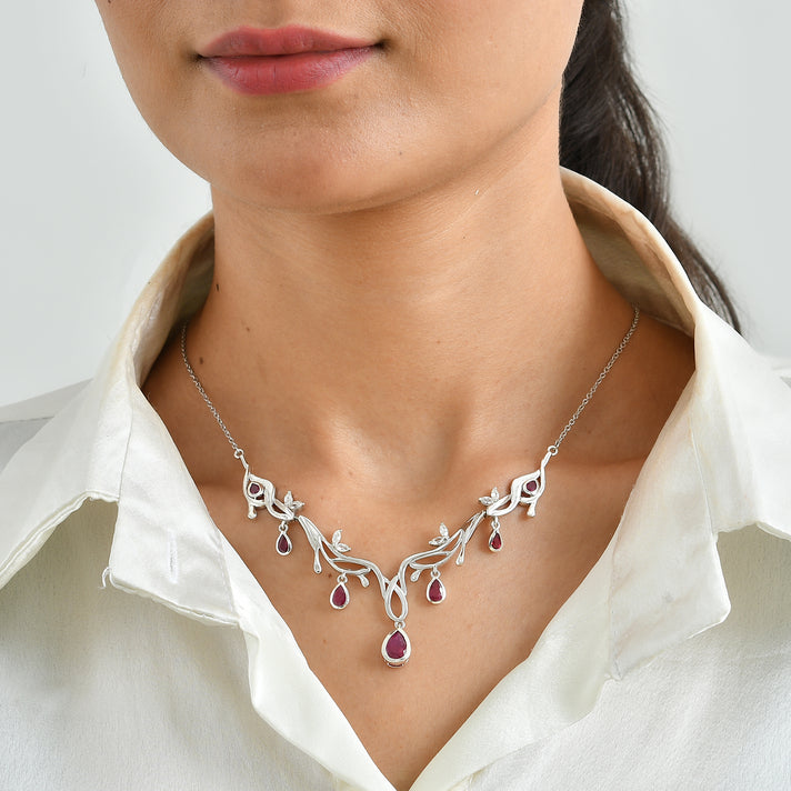 Lucy Q - African Ruby &amp; White Zircon Leaf Vine Necklace (Size - 20) in Rhodium Overlay Sterling Silver 4.60 Ct, Silver Wt. 12.44 Gms 8697691 2