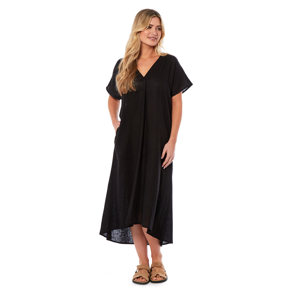 Charlotte West Linen A-line Midi Dress (Size 10) - Black 8697738 1