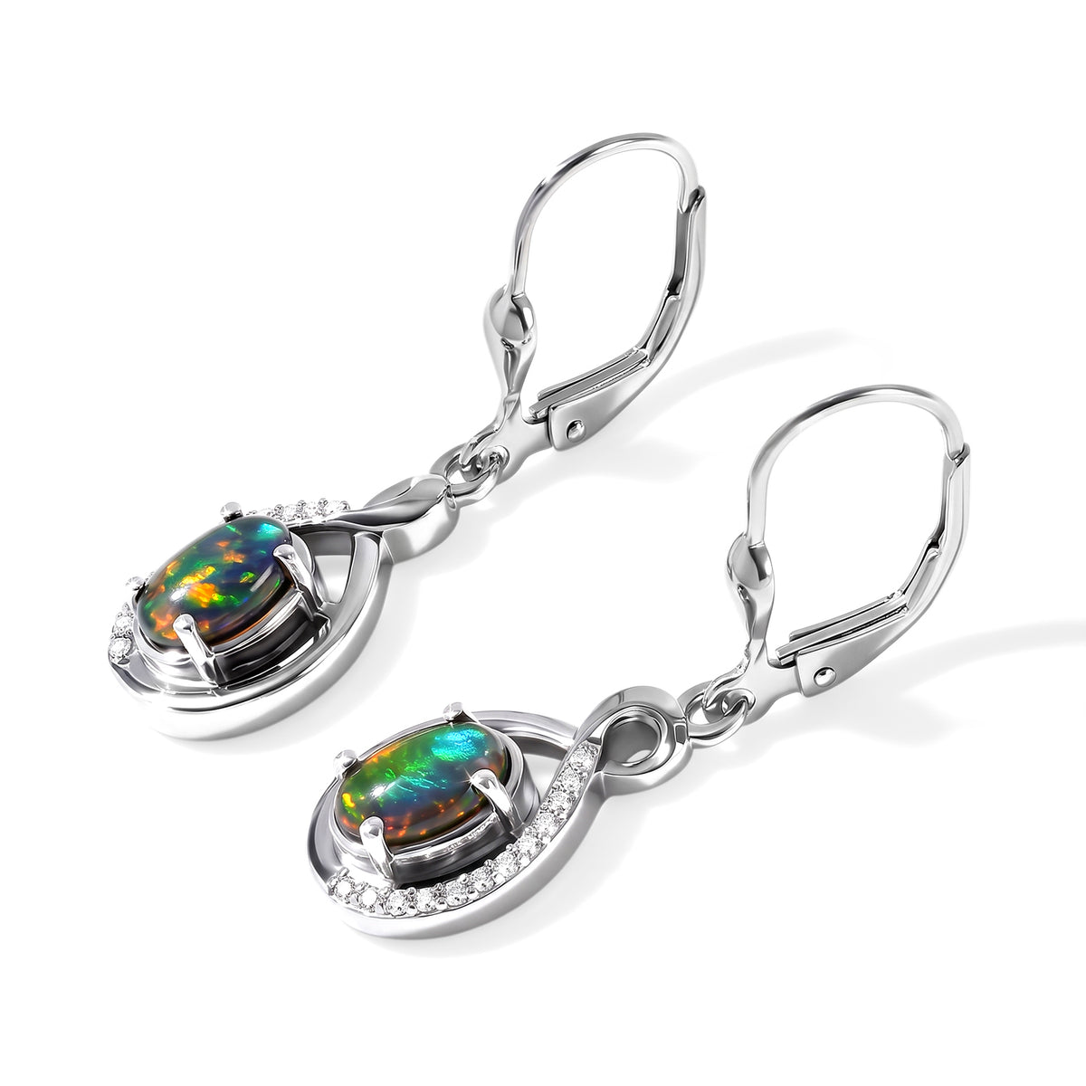 D'Joy - Ammolite &amp; White Zircon Earring with Lever Back in Rhodium Overlay Sterling Silver 1.95 Ct. 8698143 3