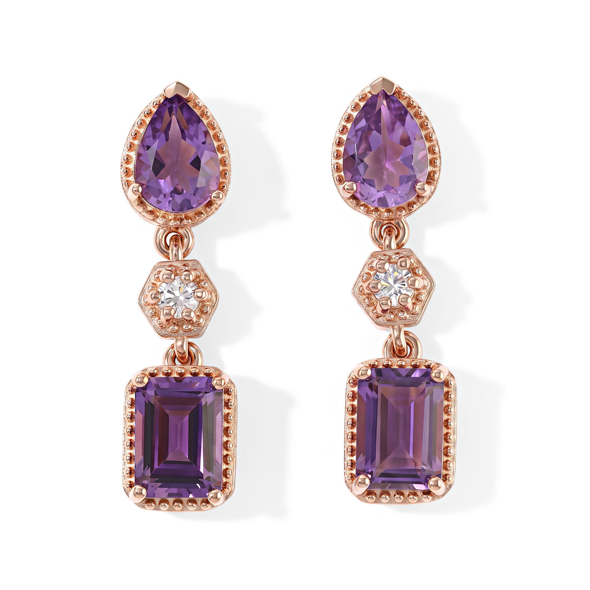 D'Joy - Rose De France Amethyst &amp; White Zircon Dangling Earring with Push Post in Rose Gold Plated Sterling Silver 3.40 Ct. 8698279 0