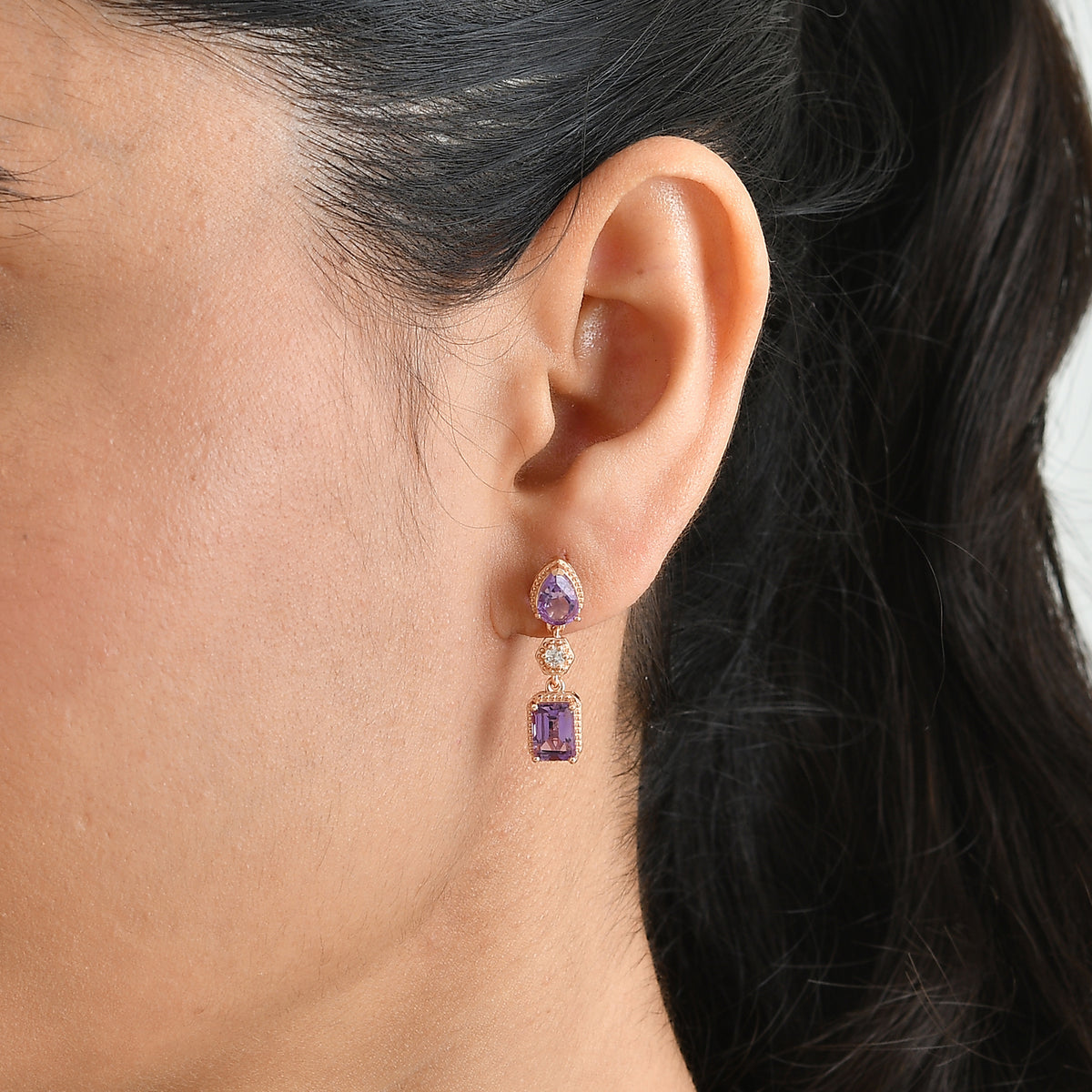 D'Joy - Rose De France Amethyst &amp; White Zircon Dangling Earring with Push Post in Rose Gold Plated Sterling Silver 3.40 Ct. 8698279 1