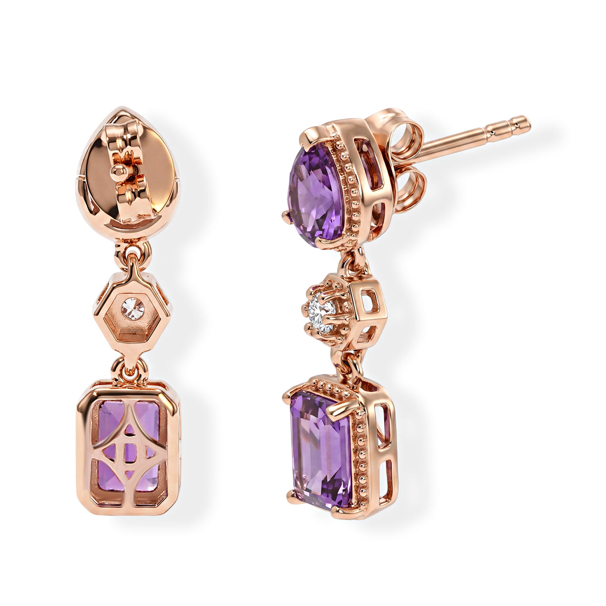 D'Joy - Rose De France Amethyst &amp; White Zircon Dangling Earring with Push Post in Rose Gold Plated Sterling Silver 3.40 Ct. 8698279 3