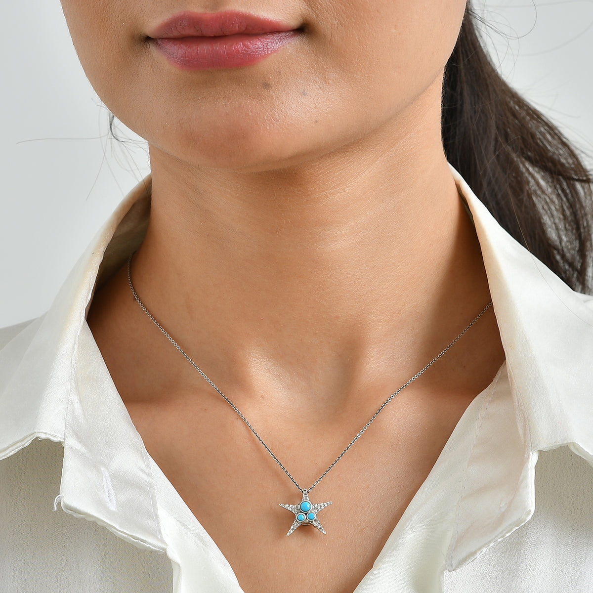 GP Capri Sealife Collection - Sleeping Beauty Turquoise &amp; Blue Sapphire Starfish Pendant in Rhodium Overlay Sterling Silver V32605142 2