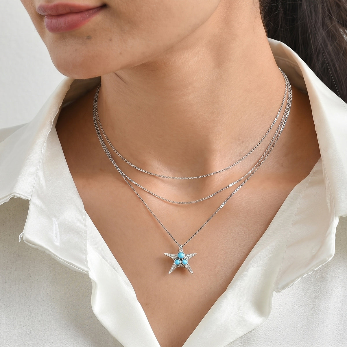 GP Capri Sealife Collection - Sleeping Beauty Turquoise &amp; Blue Sapphire Starfish Pendant in Rhodium Overlay Sterling Silver V32605142 3