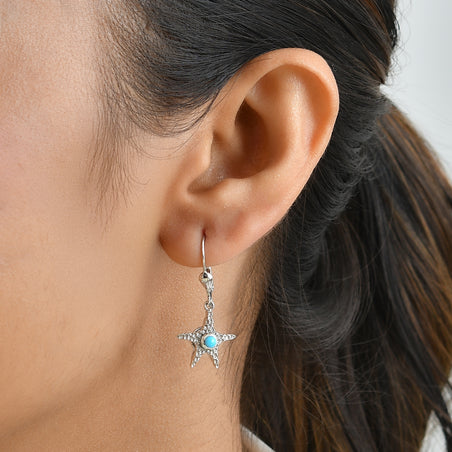 GP Capri Sealife Collection - Sleeping Beauty Turquoise &amp; Blue Sapphire Living Creature Starfish Earring with Lever Back in Rhodium Overlay Sterling Silver 8698459 2