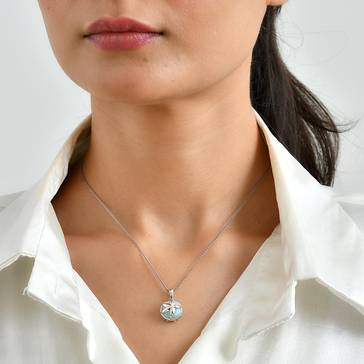 Live From Vicenza GP Capri Sealife Collection - Larimar &amp; Blue Sapphire Starfish Pendant in Rhodium Overlay Sterling Silver 5.80 Ct. 8698460 2
