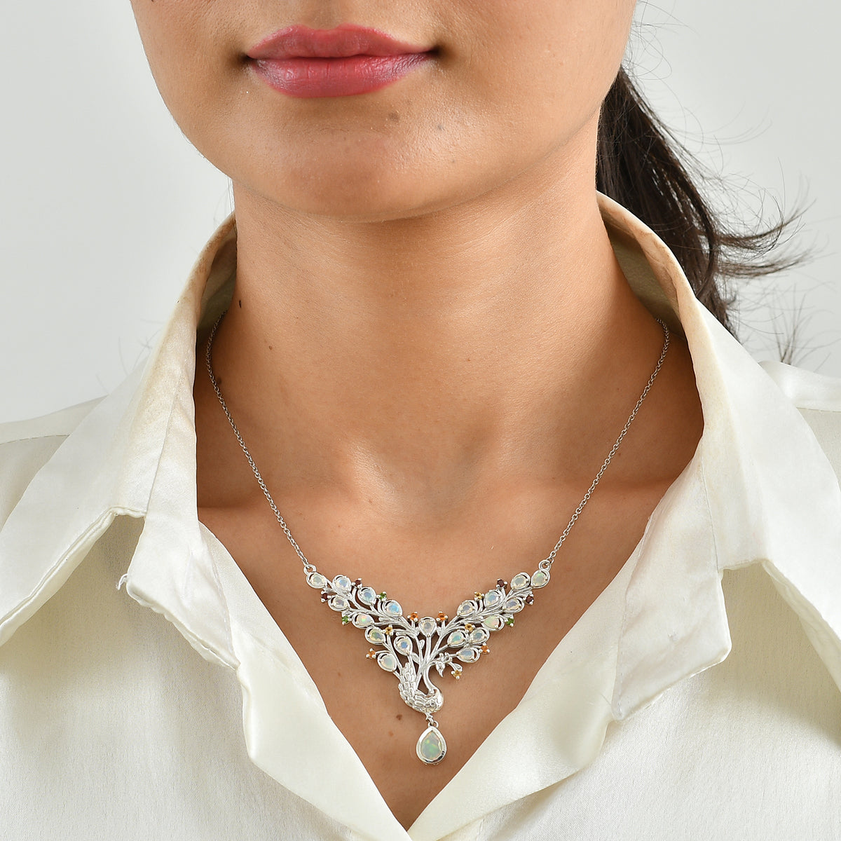 D'Joy - Ethiopian Opal &amp; Multi Gemstones Cluster Necklace (Size - 20) in Rhodium Overlay Sterling Silver 3.00 Ct, Silver Wt. 15.00 Gms 8698533 1