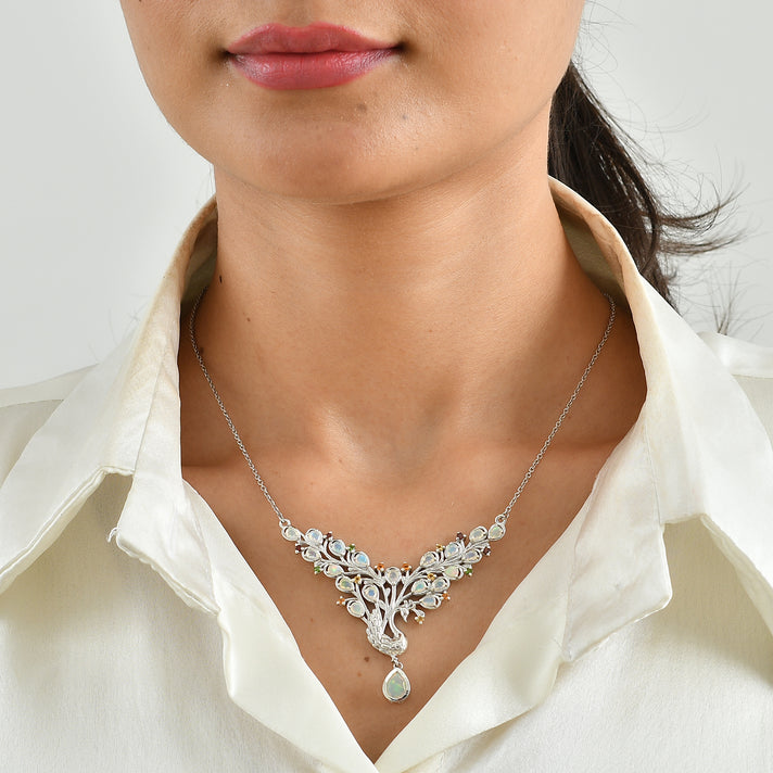 D'Joy - Ethiopian Opal &amp; Multi Gemstones Cluster Necklace (Size - 20) in Rhodium Overlay Sterling Silver 3.00 Ct, Silver Wt. 15.00 Gms 8698533 2