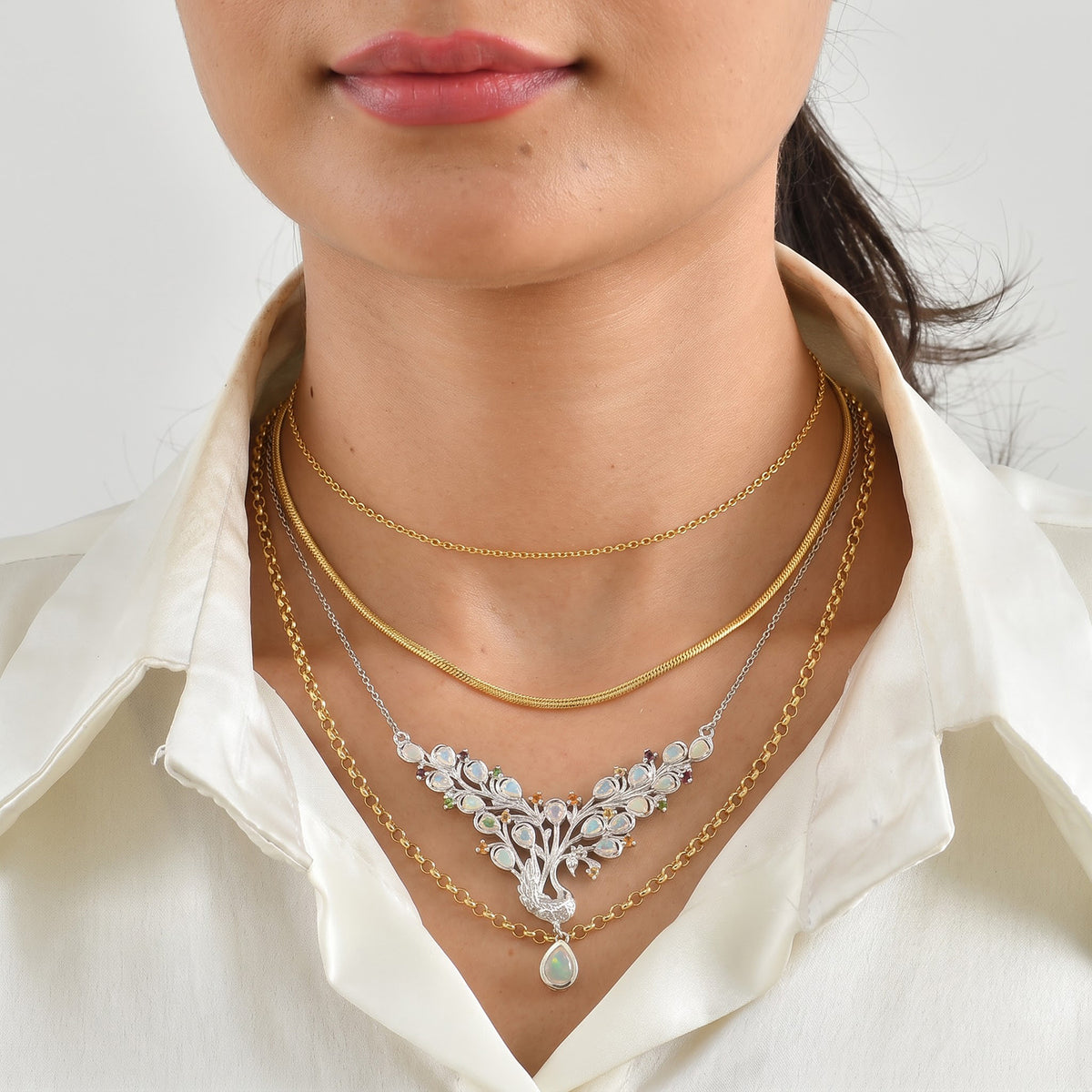 D'Joy - Ethiopian Opal &amp; Multi Gemstones Cluster Necklace (Size - 20) in Rhodium Overlay Sterling Silver 3.00 Ct, Silver Wt. 15.00 Gms 8698533 2