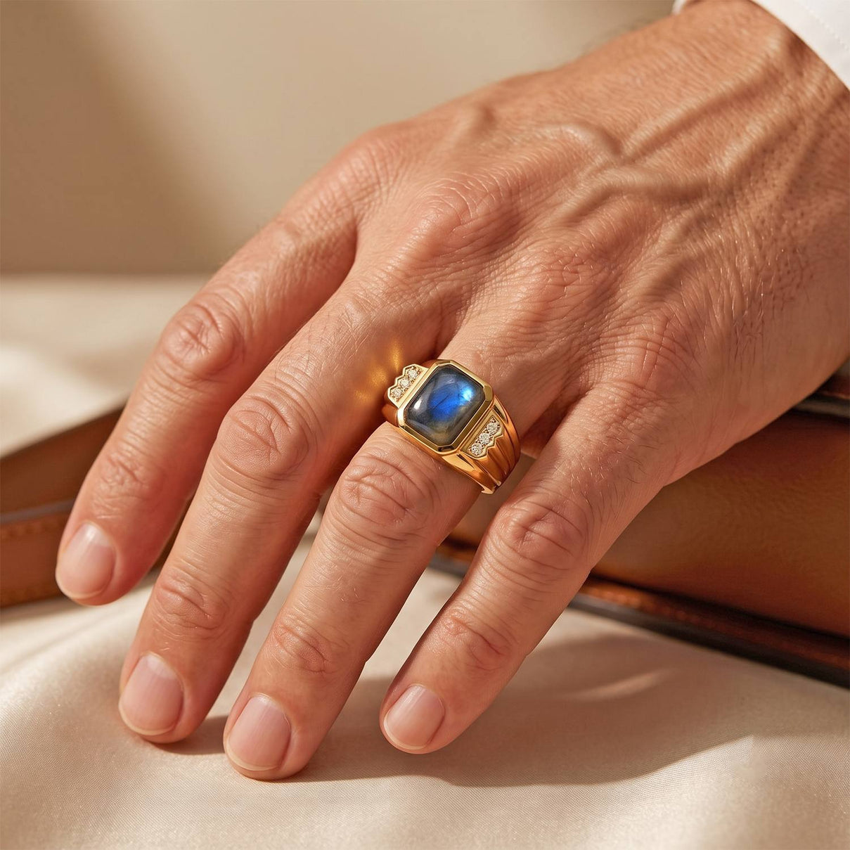 EverTrue - Labradorite &amp; White Zircon Signet Ring in Yellow Gold Tone 3.65 Ct. V32491806 2