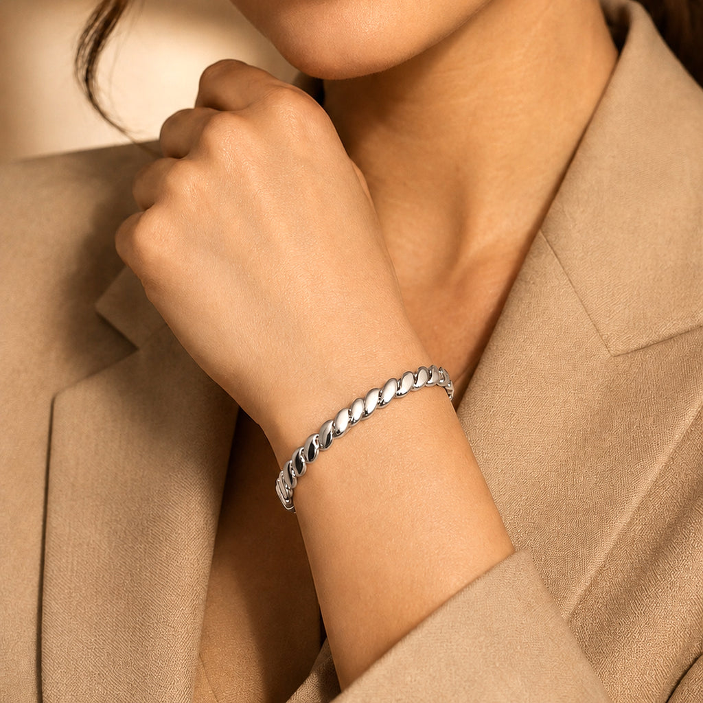 Twisted Link Bangle (Size - 7.25) in White Tone_8699315_1