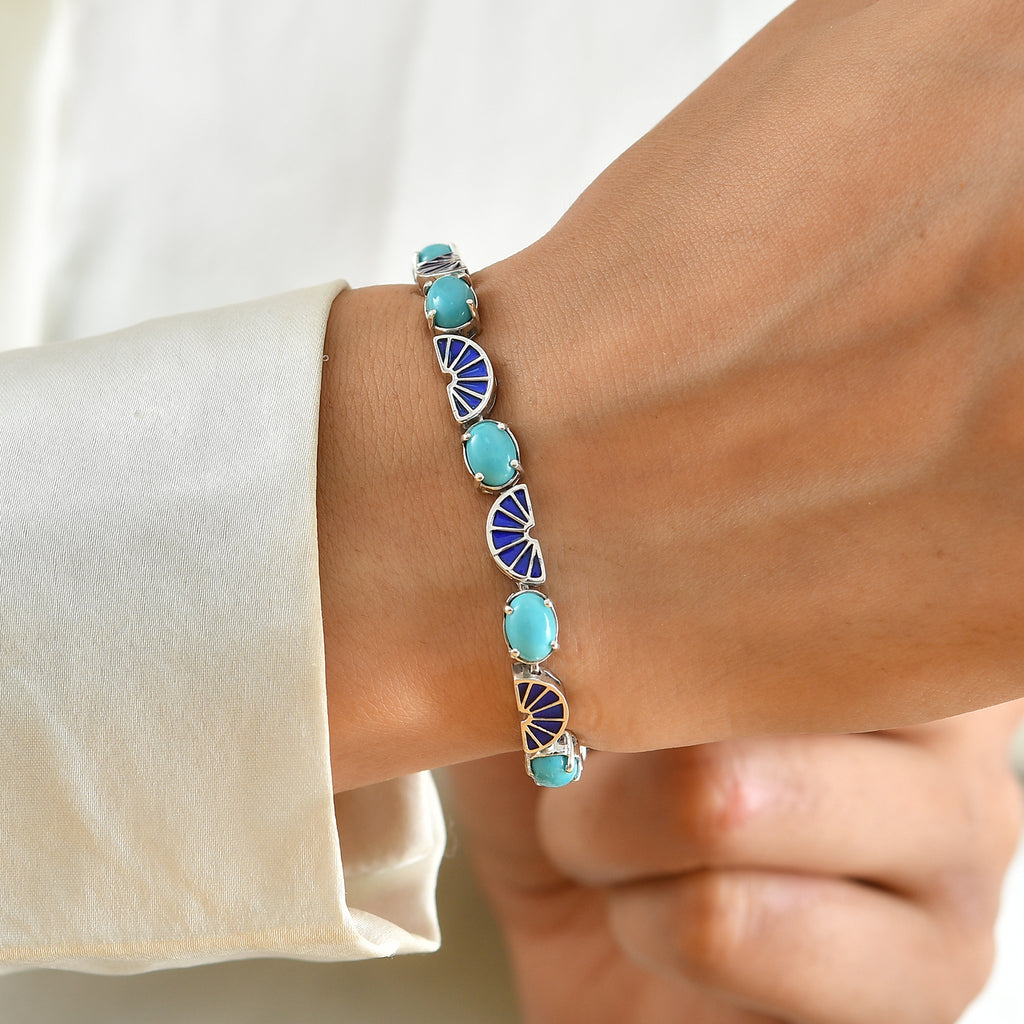 D'Joy - Blue Turquoise Bracelet (Size - 7) in Rhodium Overlay Sterling Silver 6.32 Ct, Silver Wt. 12.90 Gms_8699380_1