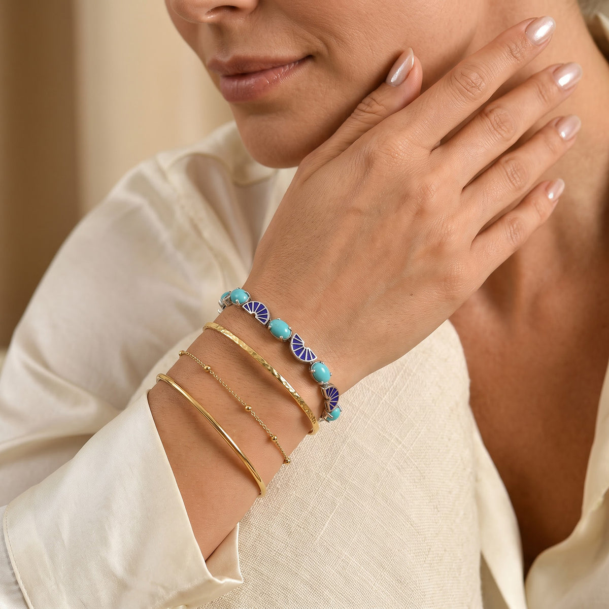 D'Joy - Natural Blue Turquoise Sun Ray Link Bracelet (Size - 7) in Rhodium Overlay Sterling Silver 6.32 Ct, Silver Wt. 12.90 Gms 8699380 3
