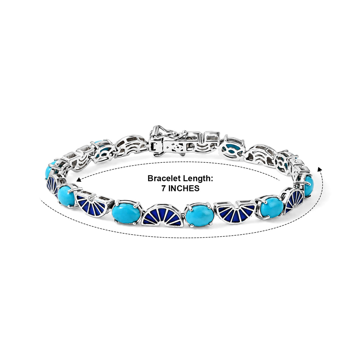D'Joy - Natural Blue Turquoise Sun Ray Link Bracelet (Size - 7) in Rhodium Overlay Sterling Silver 6.32 Ct, Silver Wt. 12.90 Gms 8699380 5