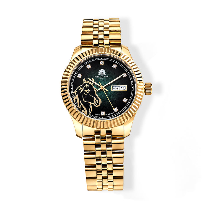 William Hunt 3D Horse Miyota 2305 Japan Movement 5ATM WR Gradient Dark Green Moissanite Dial &amp; IPG Plating Stainless Steel Case Mens Watch with Stainless Steel Strap 8699805 1