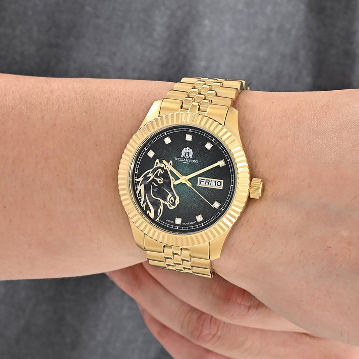 William Hunt 3D Horse Miyota 2305 Japan Movement 5ATM WR Gradient Dark Green Moissanite Dial &amp; IPG Plating Stainless Steel Case Mens Watch with Stainless Steel Strap 8699805 2