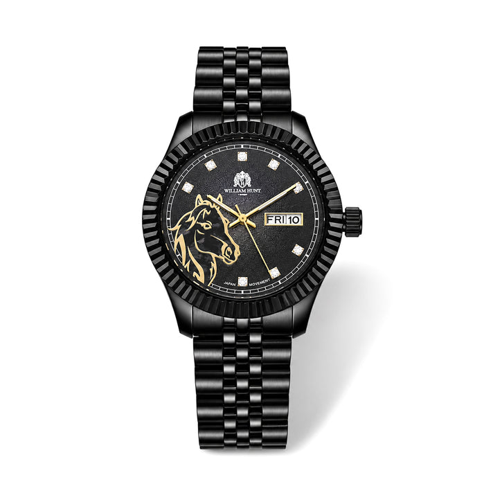 William Hunt 3D Horse Miyota 2305 Japan Movement 5ATM WR Gradient Moissanite Black Dial &amp; IP Black Plating 304 Stainless Steel Case Mens Watch with Stainless Steel Strap 8699880 1