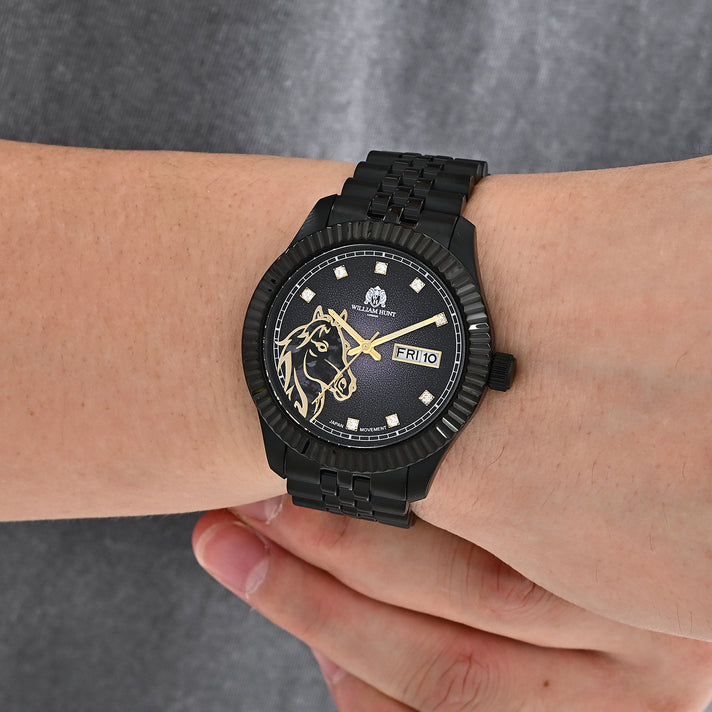 William Hunt 3D Horse Miyota 2305 Japan Movement 5ATM WR Gradient Moissanite Black Dial &amp; IP Black Plating 304 Stainless Steel Case Mens Watch with Stainless Steel Strap 8699880 2