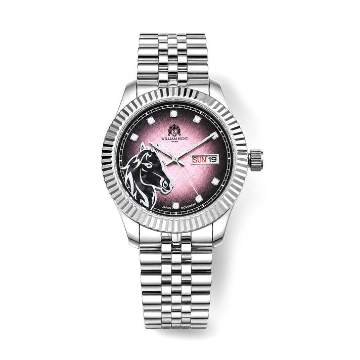 William Hunt 3D Horse Miyota 2305 Japan Movement 5ATM WR Gradient Pink &amp; Black Moissanite Dial &amp; IPS Plating 304 Stainless Steel Case Mens Watch with Stainless Steel Strap 8699881 1