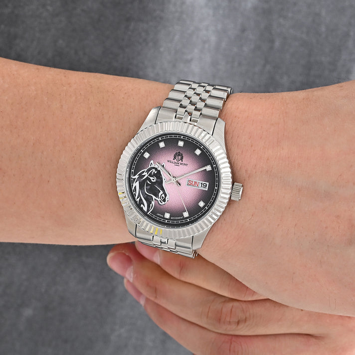 William Hunt 3D Horse Miyota 2305 Japan Movement 5ATM WR Gradient Pink &amp; Black Moissanite Dial &amp; IPS Plating 304 Stainless Steel Case Mens Watch with Stainless Steel Strap 8699881 2