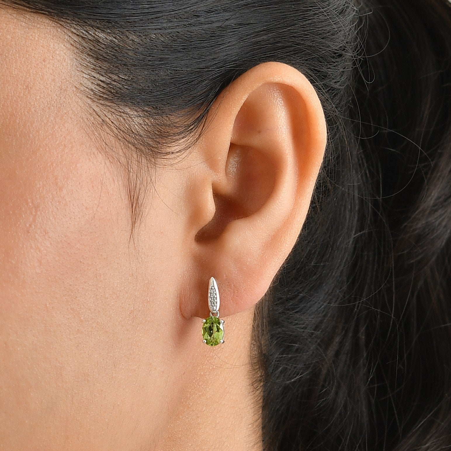 D'Joy - Natural Hebei Peridot &amp; White Zircon Stud Push Post Earring in Platinum Overlay Sterling Silver 1.70 Ct. V32515098 2