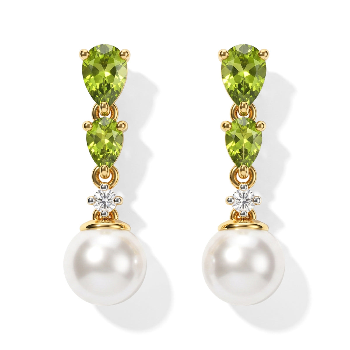 D'Joy - Natural Hebei Peridot, Fresh Water Pearl &amp; White Zircon Dangling Earring with Push Post in Yellow Gold Plated Sterling Silver 5.20 Ct. V32577895 0