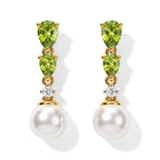 D'Joy - Peridot, Fresh Water Pearl & White Zircon Dangling Earring with Push Post in Yellow Gold Plated Sterling Silver 5.20 Ct._8699968