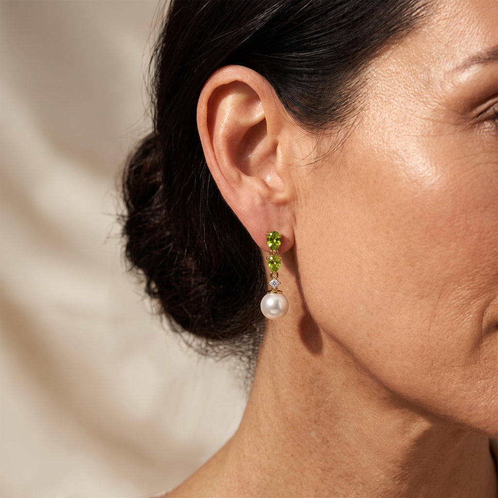 D'Joy - Peridot, Fresh Water Pearl & White Zircon Dangling Earring with Push Post in Yellow Gold Plated Sterling Silver 5.20 Ct._8699968_1