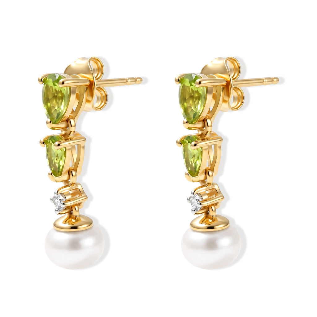 D'Joy - Peridot, Fresh Water Pearl & White Zircon Dangling Earring with Push Post in Yellow Gold Plated Sterling Silver 5.20 Ct._8699968_3
