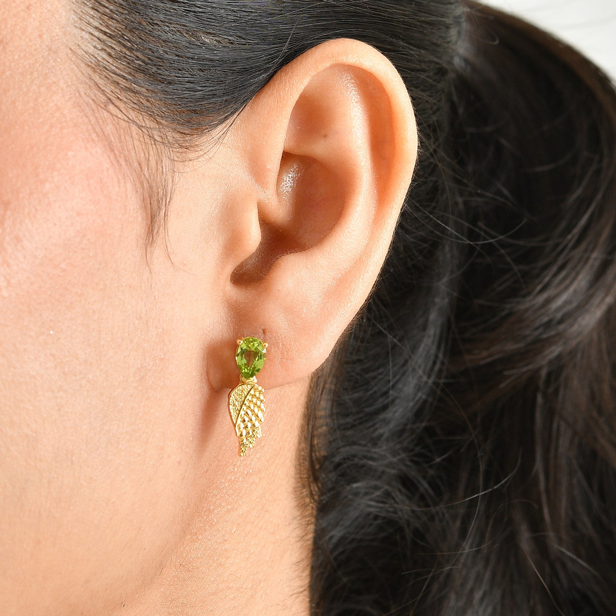 D'Joy - Natural Hebei Peridot Angel Wings Dangling Earring with Push Post in Yellow Gold Plated Sterling Silver 1.60 Ct. V32514948 2